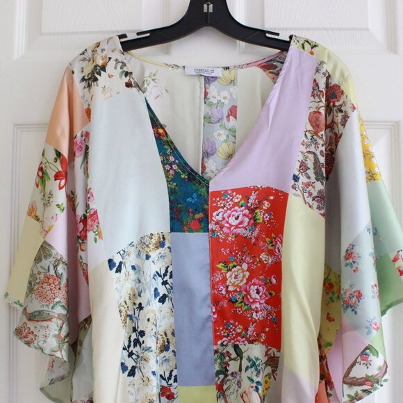Unbreak.it Patchwork Flowers Print Silk Flare Sleeve Blouse - Picture 3 of 16